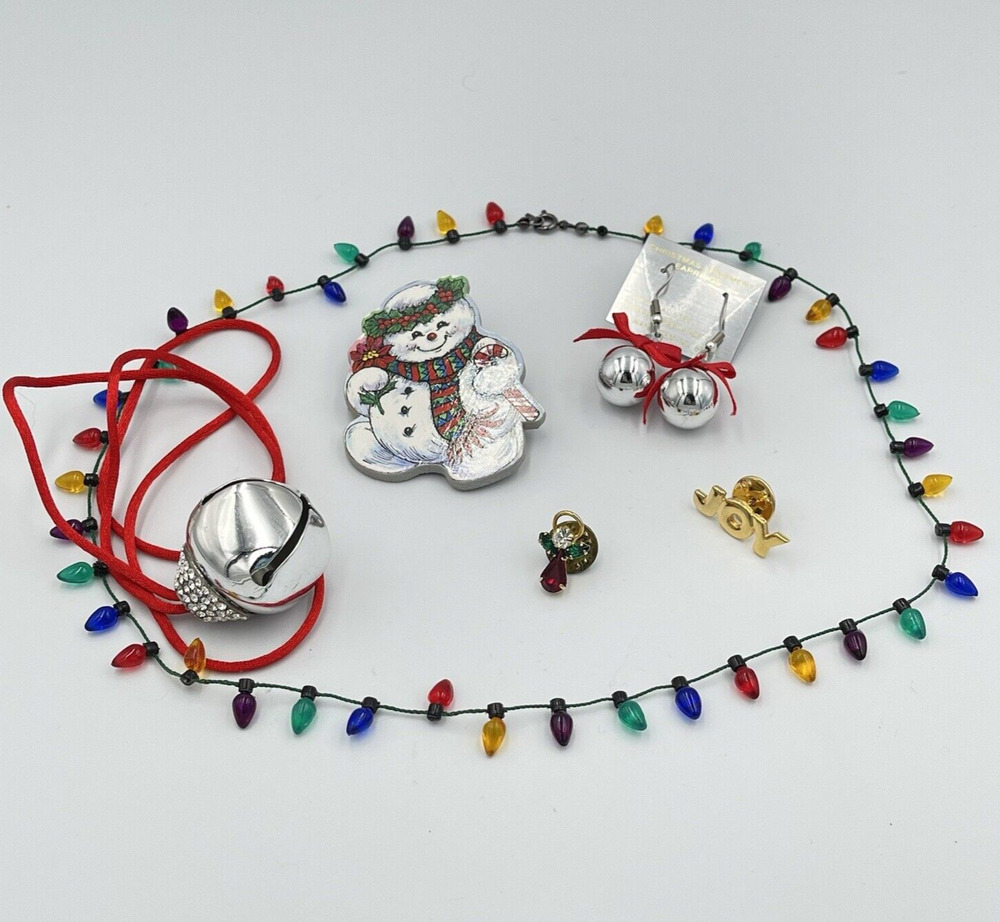 Vintage Christmas Jewelry Lot 6 PC Necklace Brooch Pin Earrings Snowman Angel